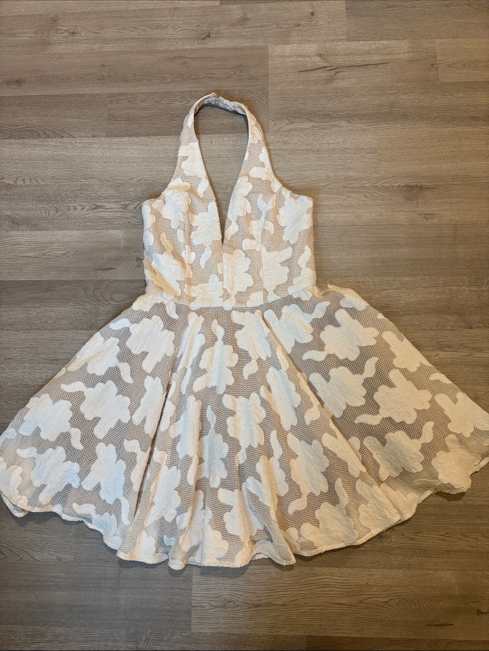 bebe Cream and Tan Floral Halter Fit-and-Flare women’s dress